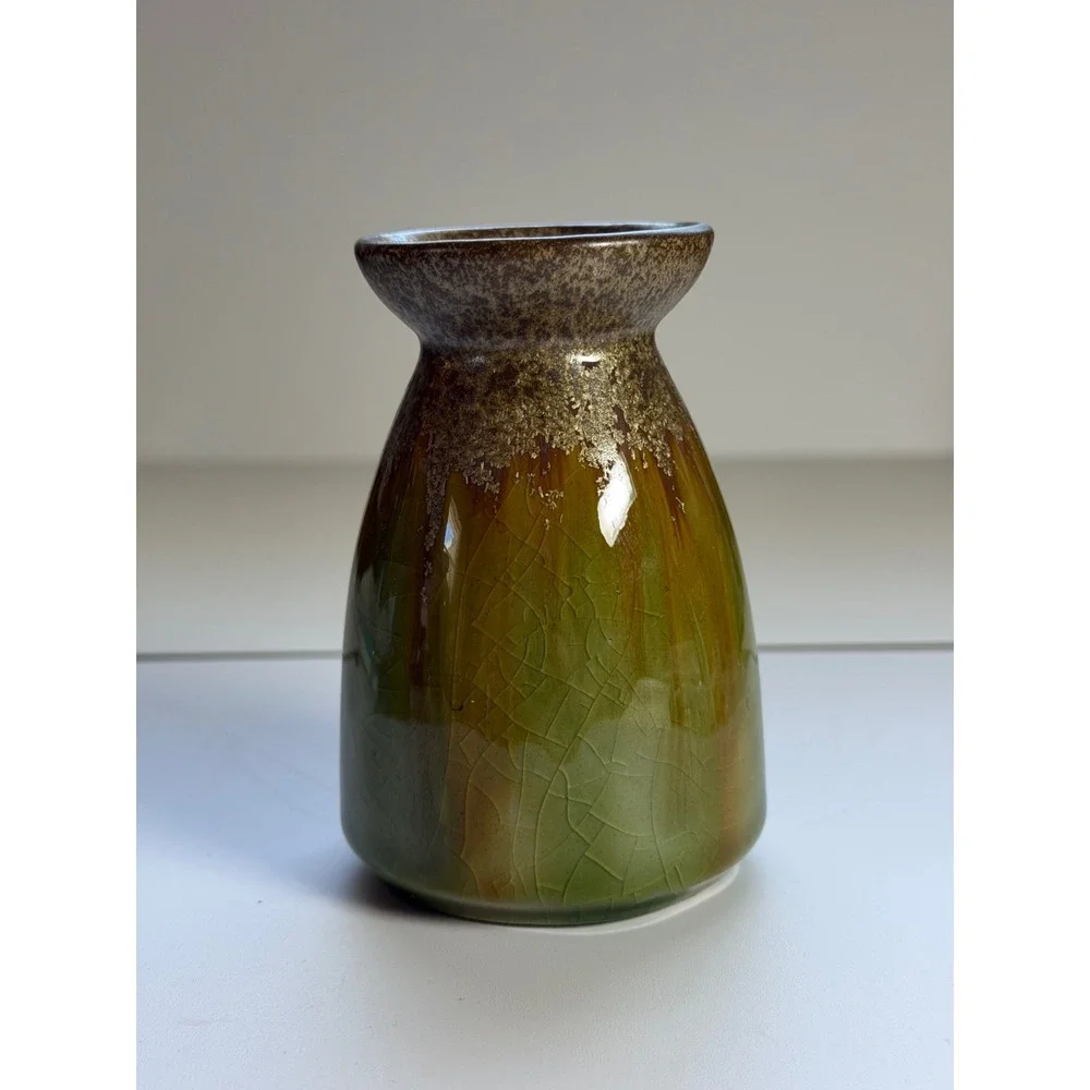 Set of 3 Olive Green Crackle Glaze Ceramic Vases Decorative Bud Vase Trio Decor